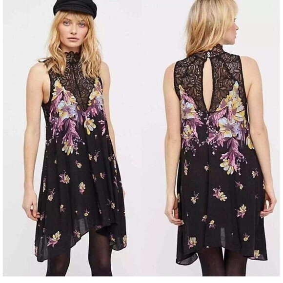 Free People Slip tunic mini‎ Dress Size XS Floral Spring Summer knit black pink - Picture 3 of 11